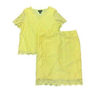 Liz Claiborne 2Pc Butter Yellow Lace‎ Top & Skirt XL Stretch Career Spring